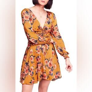 Free People Morning Light Dress Yellow Floral Long Sleeve Size 8